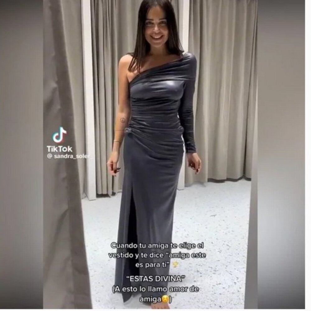 Zara One-Shoulder Metallic Gray Maxi Dress, NWT M